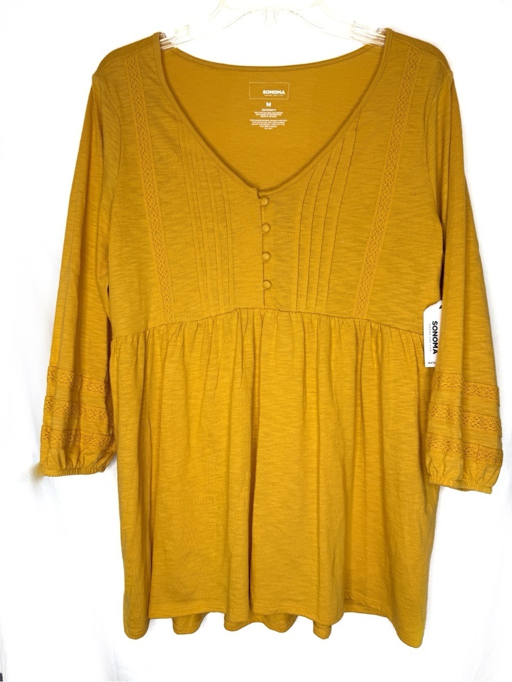 NEW-Sonoma Maternity Golden Yellow V-Neck Crochet Tunic Peasant Button Front Top